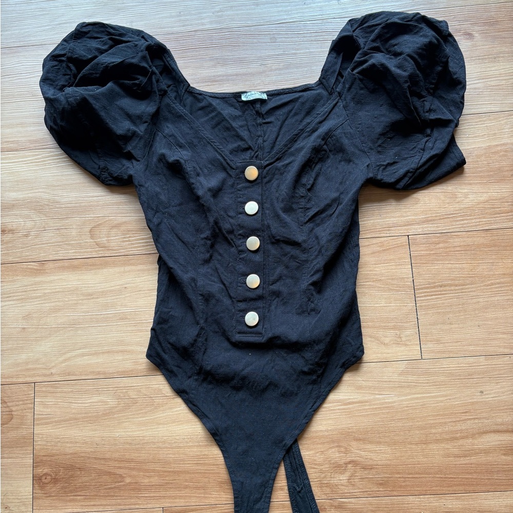 Free People Black Puff Sleeve Bodysuit